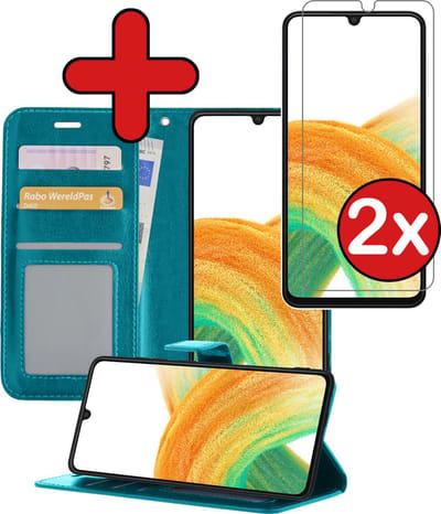 Hoesje - Met 2x Screenprotector - Geschikt voor Samsung Galaxy A33 - Luxe Pasjeshouder - Flip Case - Bookcase Portemonee - Kunstleer Book Case - Flipcase Hoes - Book Cover - Walletcase - Portemonneehoes - Telefoonhoes - Turquoise