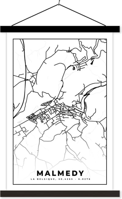 Posterhanger incl. Poster 40x60 cm - Schoolplaat - Plattegrond – Malmedy – Zwart Wit – Stadskaart - Kaart - België - Textielposter - Zwarte latten - Stadskaart