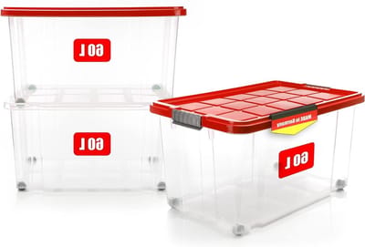 Opbergdoos met deksel - Opbergbox Stapelbox - Opbergen van speelgoed - Vaste kliksluitingen - 3 x 60 liter - Rood