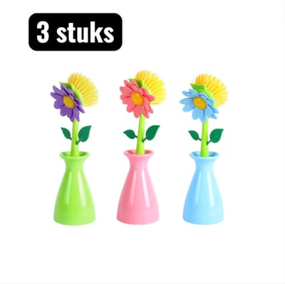 3 stuks - Afwasborstels - Bloemvorm - Extra Lange Pannenborstel - Diepe Reiniger voor Aangekoekte Pannen en Ovenschalen - Met Ergonomische Handgreep en Vuilwerende Borstelharen