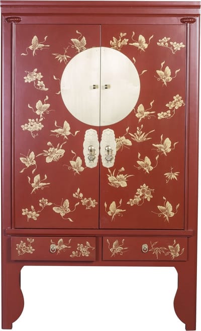 Fine Asianliving Chinese Bruidskast Handgeschilderde Vlinders Rood - Orientique Collection B100xD55xH175cm Chinese Meubels Oosterse Kast