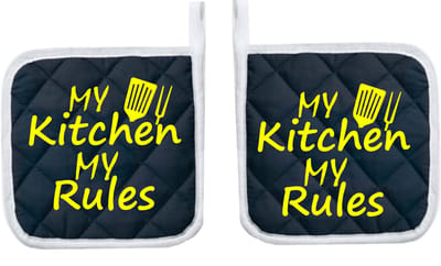 Eizook Pannenlappen 2 Stuks Navy Bedrukt - MY KITCHEN MY RULES - In GEEL- Zacht Katoen met Polyester Pannenonderzetter Hittebestendige Pannenlap tot 250°C