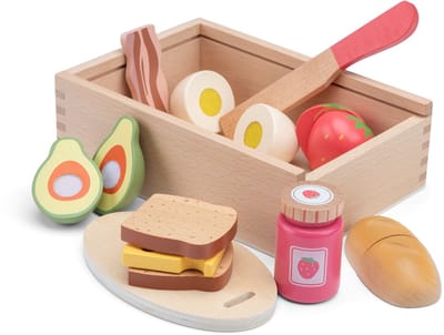 Woet® Houten Snijset Ontbijt in Opbergdoos - Speelset Ontbijt met Snijplank Brood, Kaas, Ei en Fruit - Educatief Speelgoedeten - Rollenspel Keukenspeelgoed - Vanaf 2 Jaar