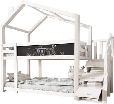 Kinderbed Boomhut 90x200 cm, Etagebed voor Kinderen met Schoorsteen & Opbergruimte en Valbeveiliging, Wit, inclusief Bord-2x Lattenbodem (Zonder Matras)