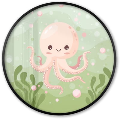Poster in lijst Rond - Fotolijst 60x60 cm - Posters - Octopus - Zeedieren - Groen - Onderwater - Ronde posterlijst zwart - Decoratie - Wanddecoratie woonkamer - Muurdecoratie slaapkamer