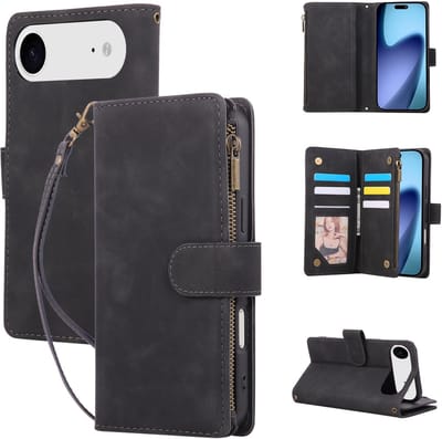 YPCd Wallet Case Pasjeshouder met Rits – Geschikt voor Apple iPhone Air – Luxe Bookcase Hoesje met 6 Pasjesvakken & Polsbandje – Zwart