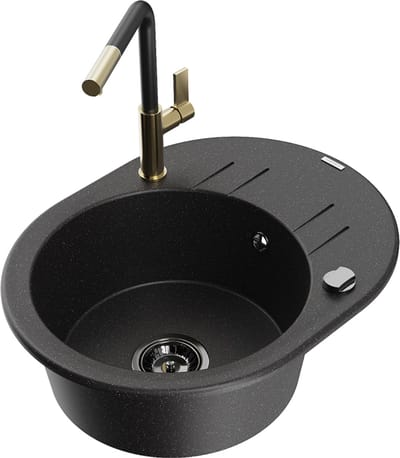 Mexen Kevin granieten gootsteen 1-kompartment met afdruiprek en keukenkraan Flora, zwart/zilver metallic - 6517-73-670401-57-B