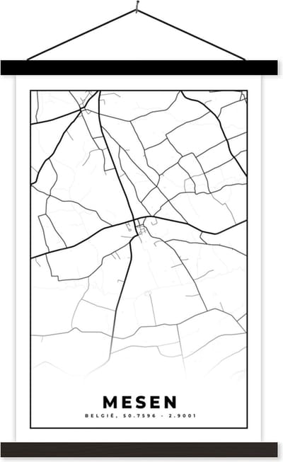 Posterhanger incl. Poster 40x60 cm - Schoolplaat - Stadskaart – Plattegrond – België – Zwart Wit – Mesen – Kaart - Textielposter - Zwarte latten - Stadskaart