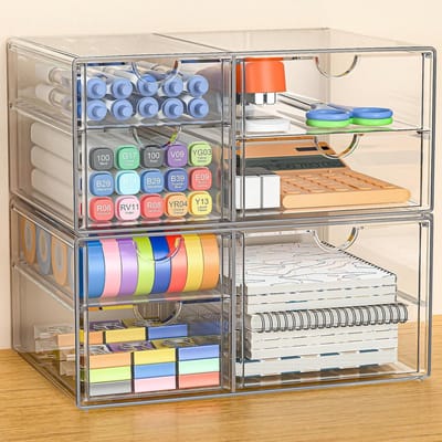 Famanu - Make-up Organizer met 7 Lades Set van 2, transparante lade organizer voor bureau en kaptafel, stofbestendige opbergdoos voor make-up, sieraden en accessoires