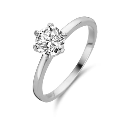 New Bling 9NBG-0634-50 Wit Gouden Solitair Ring Met Zirkonia - Dames - Maat 50 - 6mm Zirkonia - 6 Pootjes Chatonzetting - 14 Karaat - Witgoud