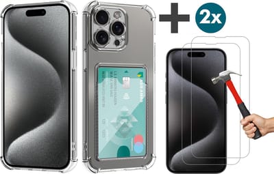 Hoesje Geschikt voor iPhone 15 Pro Hoesje Met Pashouder Siliconen Shockproof Case - Arara Backcover met 2 stuks screenprotectors - Transparant
