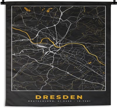 Wandkleed - Wanddoek - Dresden - Goud - Stadskaart - Plattegrond - Kaart - Duitsland - 180x180 cm - Wandtapijt