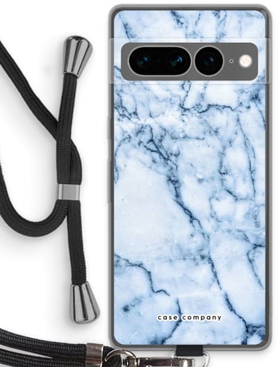Case Company® - Hoesje met koord geschikt voor Google Pixel 7 Pro hoesje met Koord - Blauw marmer - Telefoonhoesje met Zwart Koord - Bescherming aan alle Kanten en Over de Schermrand