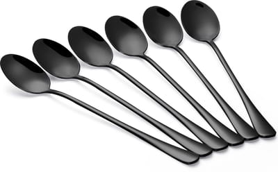 Alheco 6 lange ovale lepels – Latte macchiato – Dessertlepels set – 19,5cm – Sorbetlepels – IJslepels - Theelepels - Zwart