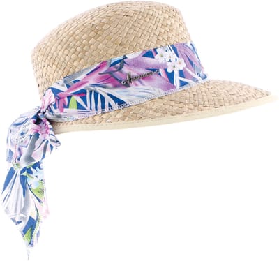 Casquette/chapeau en paille naturelle unie pour femme avec foulard imprimé tropical bleu