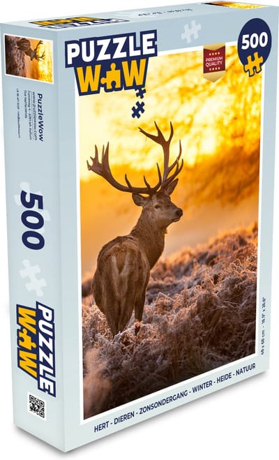 Puzzel Hert - Dieren - Zonsondergang - Winter - Heide - Natuur - Legpuzzel - Puzzel 500 stukjes