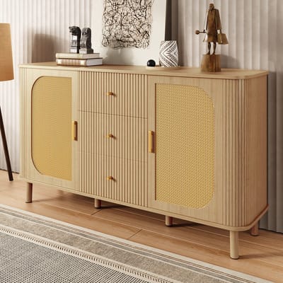 REDOM - Dressoir - Afgerond ontwerp - 2 halfovale deuren en kabelopening - 3D-golvende ladefronten - Woonkamer - MDF - Naturel - 140 x 40 x 80 cm