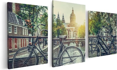 Artaza Canvas Schilderij Drieluik Amsterdamse Brug Bij Een Gracht Met Zonsondergang - 120x60 - Foto Op Canvas - Canvas Print