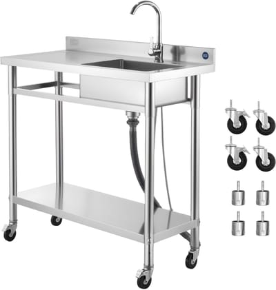 Rvs Hulpsink Met Wielen, Rolbare Enkele Kom Werkpleinsink voor Commercieel en Thuisgebruik, Inclusief Kraan en Warmte- en Koude Watervetten, Ideaal voor Garage, Restaurant en Wasruimtes, 1000 X 500 X 1055mm