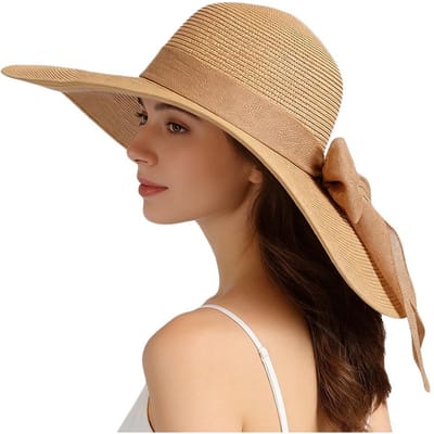 Chapeau de Soleil d'Été Oversize Mode Grand Bord Nœud Casquette de Plage Protection Solaire Respirant Chapeau Bob Pour Femmes beige