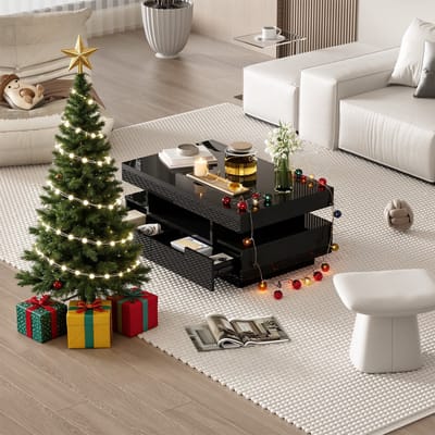 REDOM Salontafel Hoogglans Zwart met LED-lichtbalk, 4 lades & 3 open vakken, Royale opbergruimte, 80×50×36 cm