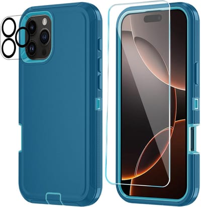 Stravo Heavy Duty Hoes voor iPhone 16 Pro Max – Blauw – Schok- & Stofbestendig – 3-laags Bescherming met Ingebouwde Screen- & Lensprotector