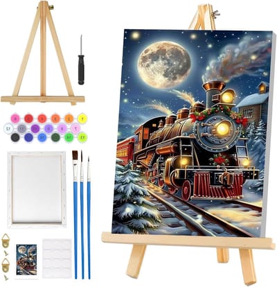 Kerstschilderen op Nummer voor Volwassenen met Lijst, DIY Olieverf Kits voor Thuisdecoratie, Inclusief Easel en Kersttrein Ontwerp, Perfect voor Beginners en Creatieve Hobby's