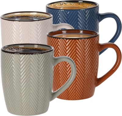 Siaki koffiemok/theemok Fishbone - 4x stuks - met oor - 370 ml - keramiek