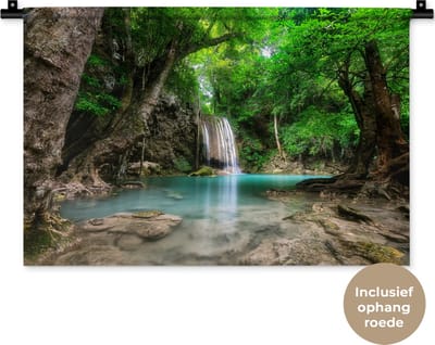 Wandkleed Jungle - Erawan Waterval in jungle Thailand foto Wandkleed katoen 60x40 cm - Wandtapijt met foto