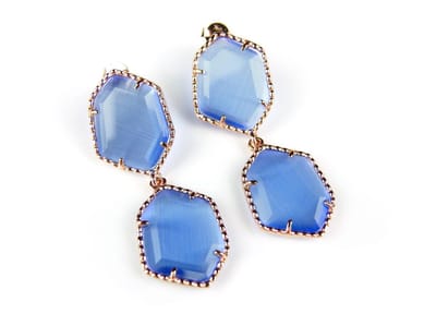 Zilveren oorringen oorbellen roos goud verguld Model Hexagon met blauwe stenen