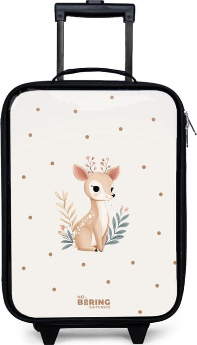 NoBoringSuitcases.com® - Kinderkoffer jongen - Kindertrolley meisje - Hertje met planten in een veld vol stippen - Koffer kind lichtgewicht - Reiskoffer trolley voor kinderen - Koffertje met lichtgevende wieltjes - Rolkoffer zwart