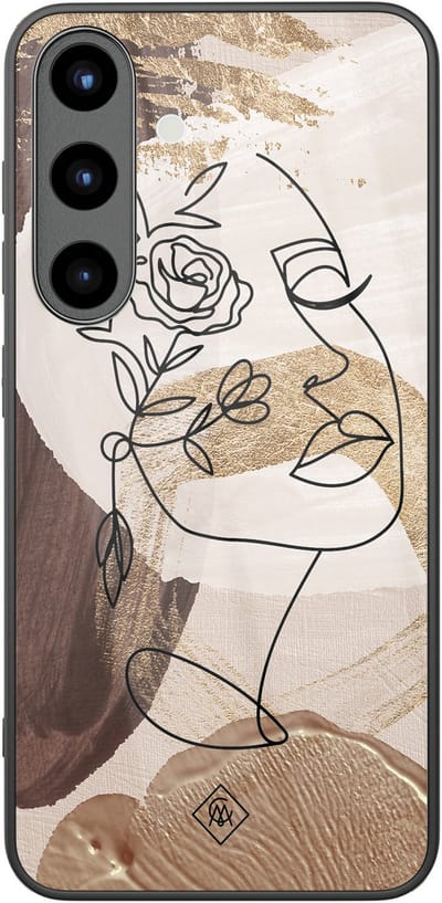 Casimoda® hoesje - Geschikt voor Samsung Galaxy S25 - Abstract Gezicht Bruin - Luxe Hard Case Zwart - Backcover telefoonhoesje - Bruin/beige