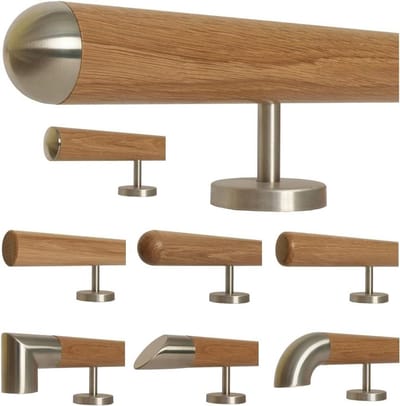 Eikenhouten Trapleuning - Houten Leuning - Veilig Traplopen - Halfronde RVS Dop - 180 cm - Houtkleur