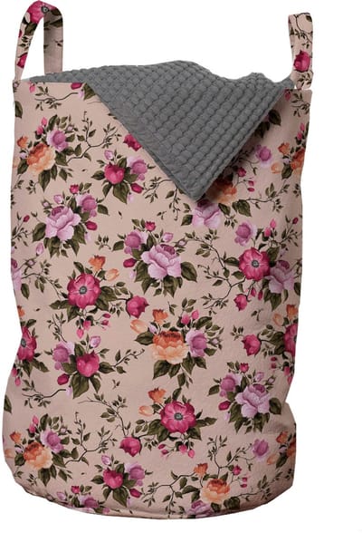 ABAKUHAUS bloemenwaszak, bloempatroon met roos, wasmand met handvatten, trekkoorddichting voor wasserettes, beige roze donkergroen