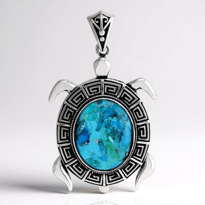 Cavill - Handgemaakte Hanger - 925 Sterling Zilver Geoxideerd - Blauwe Kingman Mohave Turkoois 6,533 ct - Ovaal Cabochon - Boho Schildpad Design