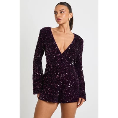boohoo Dames Fluweel pailletten playsuit met flare mouwen | Wine | Maat: 8