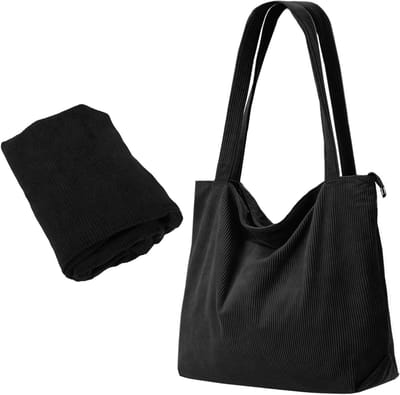 Stijlvolle corduroy schoudertas voor dames met ritssluiting, ruime boodschappentas voor school, kantoor en dagelijks gebruik (45 x 12 x 36 cm, zwart)