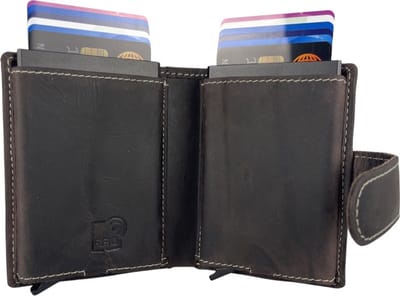 Pasjeshouder Uitschuifbaar – Donkerbruin – Leer - Dubbele Creditcard Houder - RFID – Anti Skim - Bruin - Muntgeld Ritsvak - Pasjeshouder