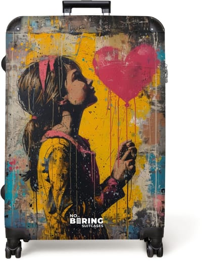 NoBoringSuitcases.com® - Koffer groot - Reiskoffer lichtgewicht - Meisje met hartvormige ballon in graffiti stijl - Rolkoffer met 4 wielen - Grote trolley XL - 98 liter bagage