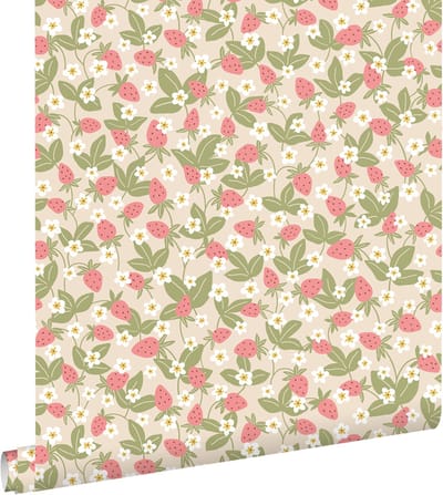 ESTAhome behang aardbeien lichtgroen en roze - 50 x 900 cm - 132170