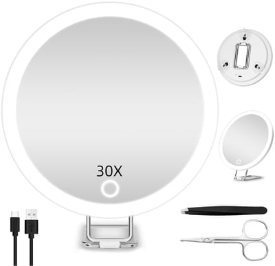 30x Vergrotende Spiegel met Licht - Douche Spiegel met Zuignap - Hangende Make-up Spiegel met Verlichting - 3 Kleuren Dimbaar - Oplaadbare LED Cosmeticaspiegel voor Wastafel en Badkamer - Wit