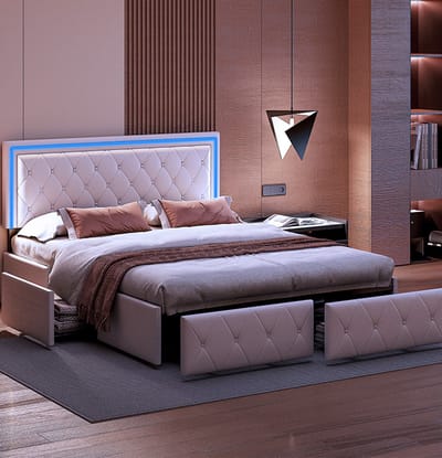 Modern tweepersoonsbed met lades, LED-lederen bedframe met opbergruimte, 160 x 200 cm, zonder matras (wordt in 2 pakketten verzonden)