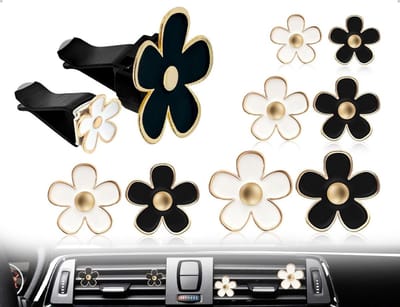 8 x Luchtverfrisser met Madeliefje voor Auto, Interieuraccessoires voor Dames, Metalen Decoratie voor Kantoor en Woonkamer (Zwart en Wit)