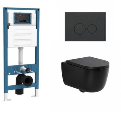 QeramiQ Dely Swirl Toiletset - inbouwreservoir Qeramiq Flush - 35mm zitting - kunststof mat antraciete bedieningsplaat - ronde knoppen - mat zwart
