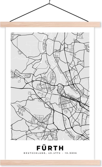 Posterhanger incl. Poster 40x60 cm - Schoolplaat - Duitsland - Plattegrond - Kaart - Fürth - Stadskaart - Textielposter - Blanke latten - Stadskaart
