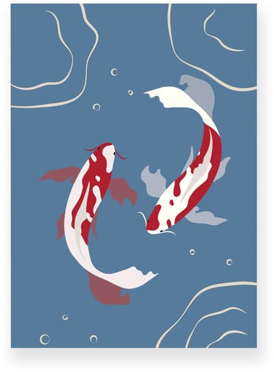 Poster 20x30 cm - Koi Vissen - Water - Blauw - Rood - Minimalistisch - Botanisch - Muurdecoratie - Wanddecoratie