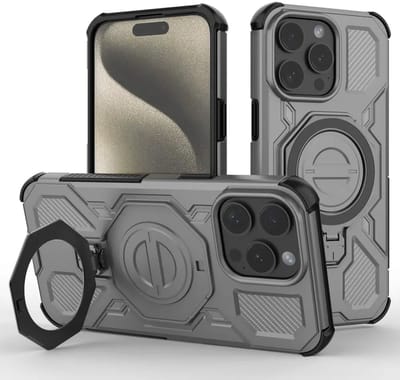 Hoesje geschikt voor Apple iPhone 15 Pro Max | Compatibel met MagSafe / Qi2 | 360° Draaibare Magnetische Standaard | Back Cover Kickstand Ring | Grijs