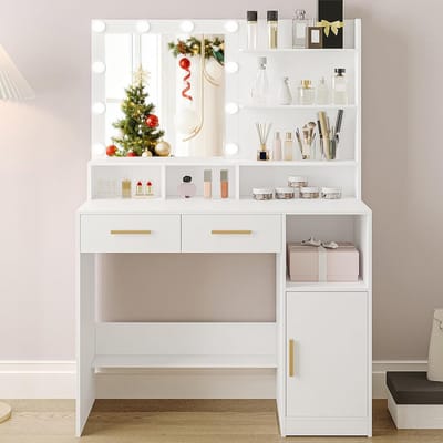 Kaptafel met Spiegel en LED Lampen – Make-Uptafel met 3 Planken, 4 Open Vakken en 2 Lades