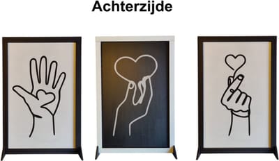 Djemzy - Raampaneel line art handen met hartje in zwart wit frame - 3-delig - raamdecoratie woonkamer/slaapkamer - raamscherm - raamluik - vensterbank decoratie - decoratie op voet - housewarming cadeau - hout - zwart - wit - liefde - love - MDF 6 mm