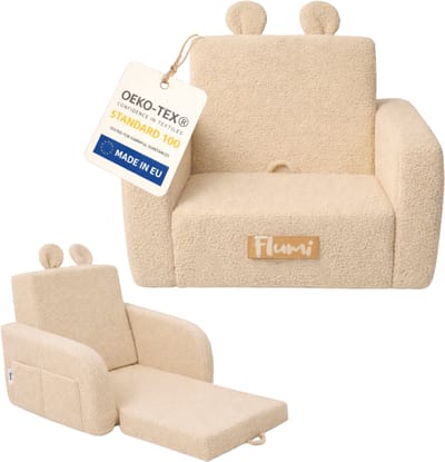 Flumi - 2 in 1 Uitschuifbare Kinderfauteuil - Schuimconstructie - Afneembare Wasbare Hoes - Teddy Stof - Met Zijvakken - Donkerbeige